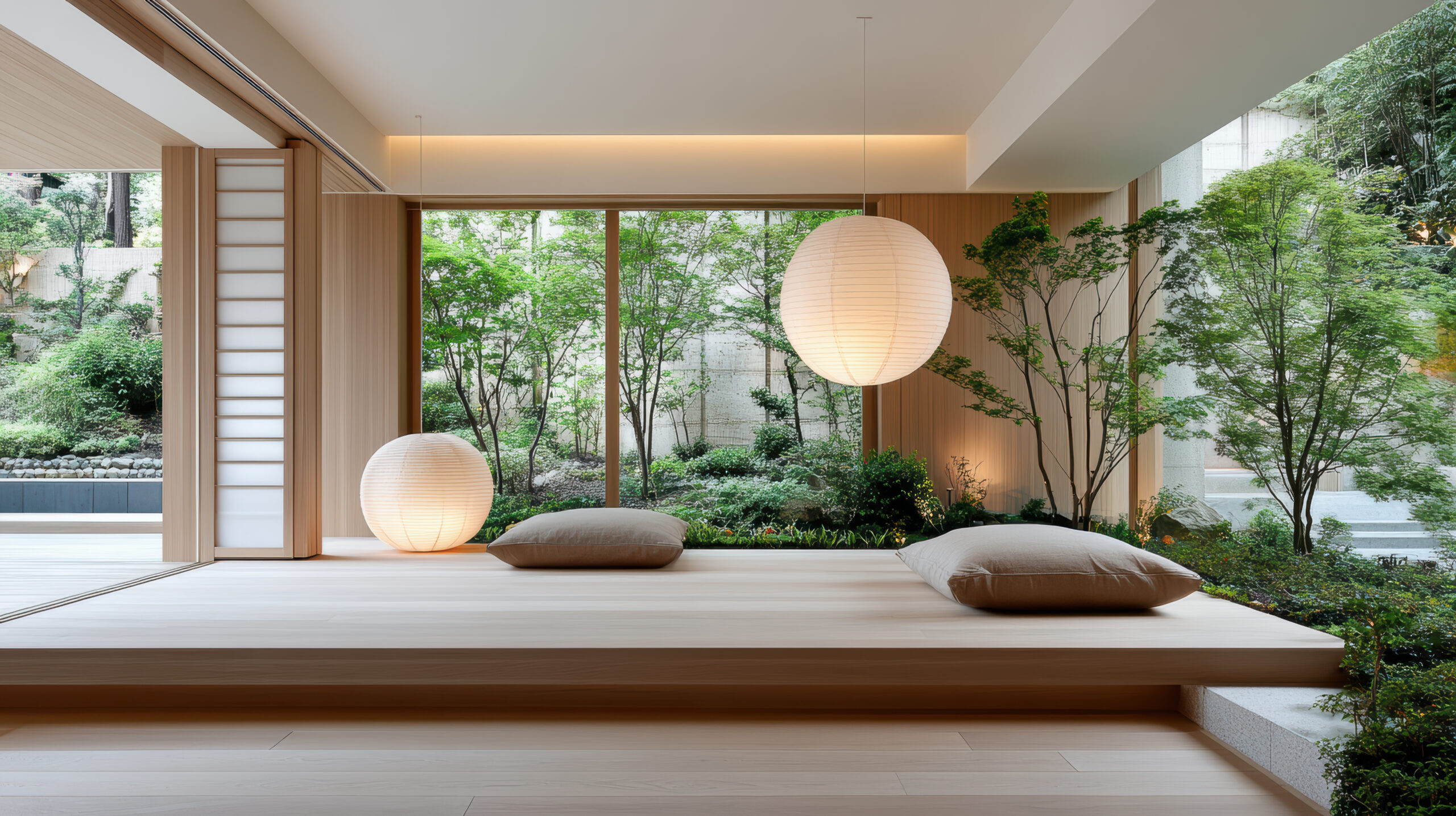 Cách phối vật liệu gỗ – đá – ánh sáng phong cách Nhật Bản hiện đại 1 vecteezy a modern japanese style home with a large window and a large 74500954 scaled