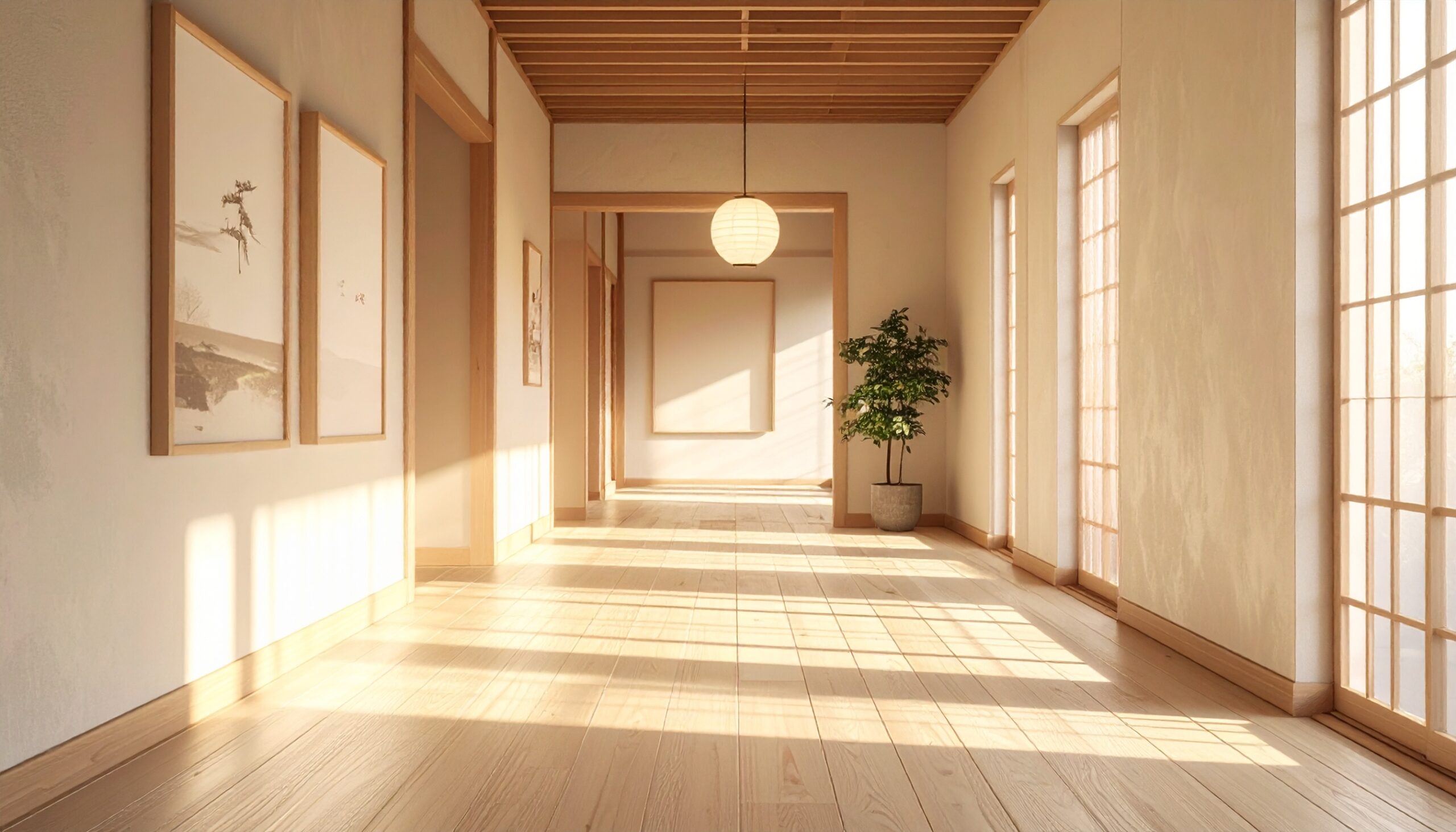 Cách phối vật liệu gỗ – đá – ánh sáng phong cách Nhật Bản hiện đại 4 vecteezy serene japanese interior long hallway with natural light and 72215569 scaled