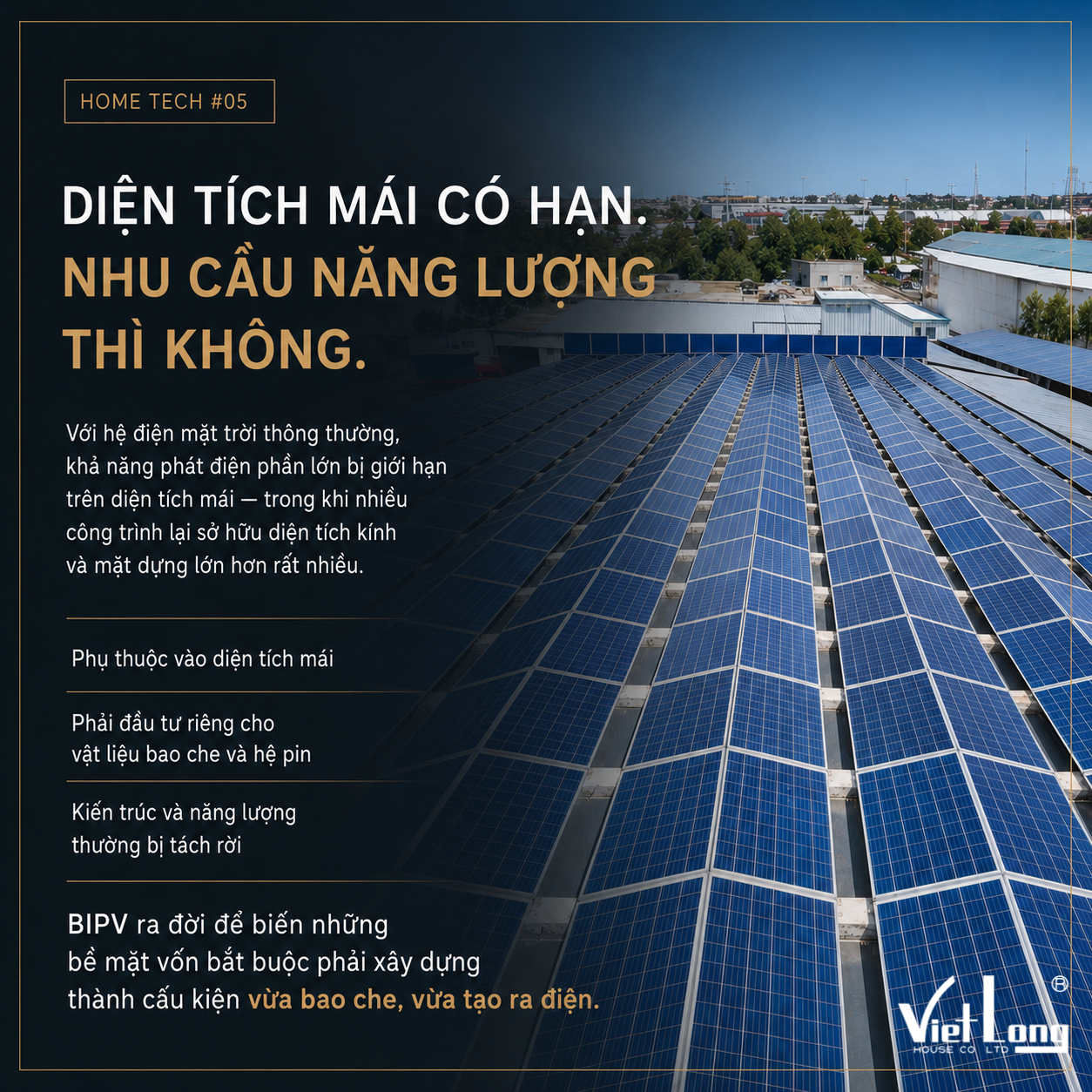 Hệ thống pin mặt trời truyền thống lắp trên mái nhà xưởng