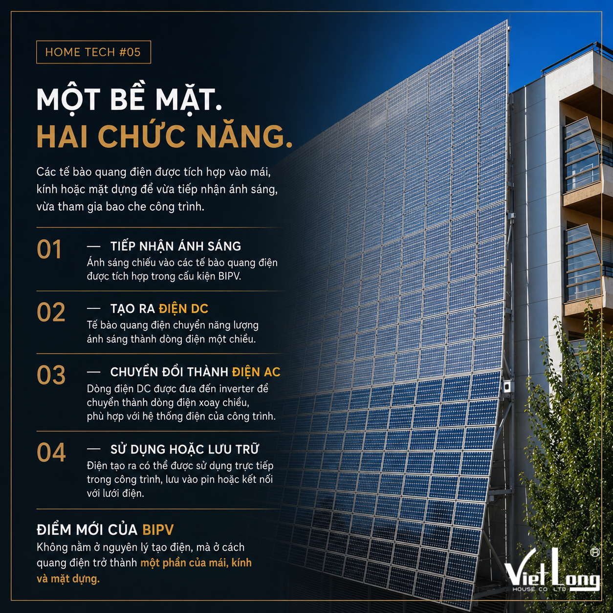 Ảnh cận cảnh mặt dựng quang điện, thể hiện rõ các module được tích hợp thành một bề mặt liên tục.