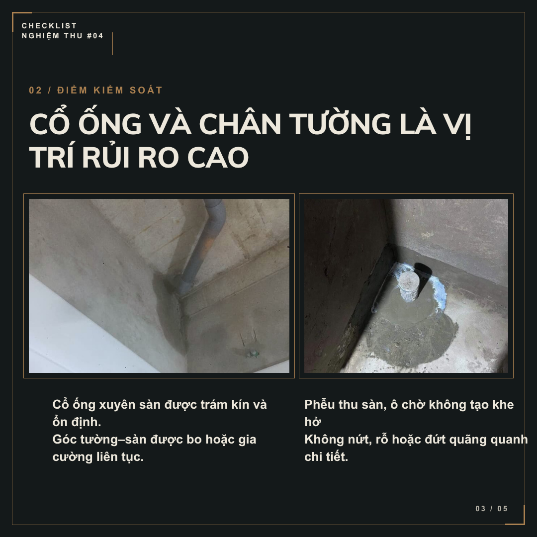 Kiểm tra chống thấm cổ ống xuyên sàn nhà vệ sinh