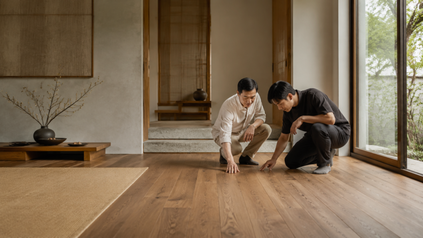 Gia chủ và người thợ kiểm tra bề mặt sàn gỗ Solid Wood trong không gian Nhật Bản tối giản