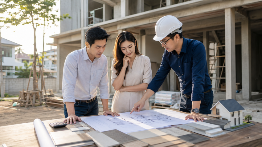 Gia chủ và kiến trúc sư rà soát ngân sách xây nhà tại công trường