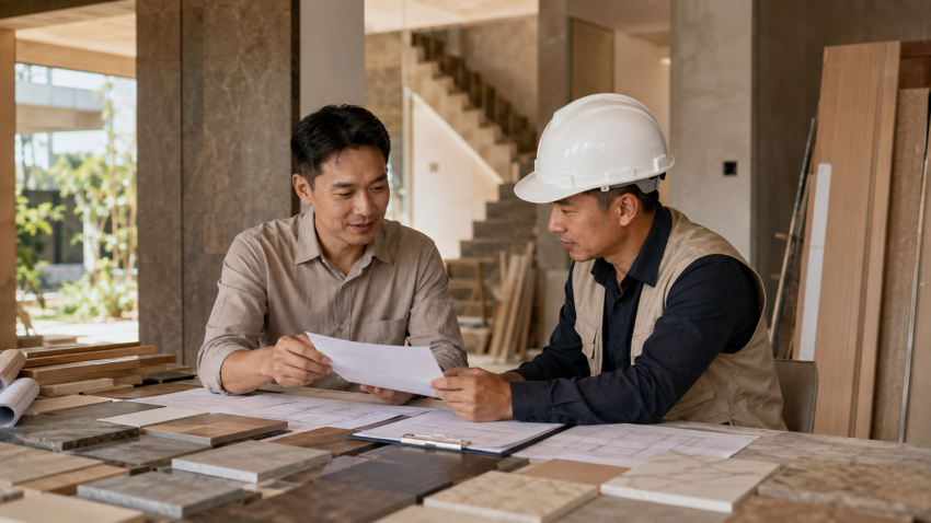Gia chủ và nhà thầu trao đổi hợp đồng, bản vẽ và mẫu vật liệu tại công trình