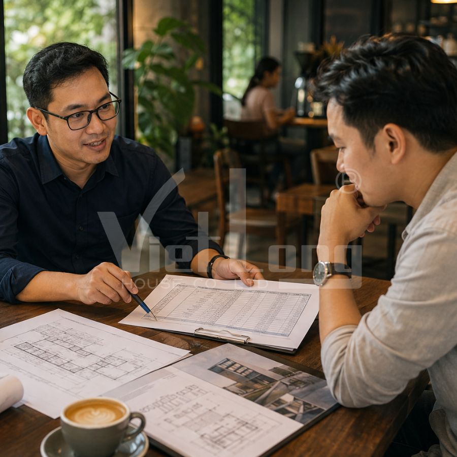Có nên nói ngân sách với nhà thầu? Gia chủ trao đổi ngân sách xây nhà với kiến trúc sư.
