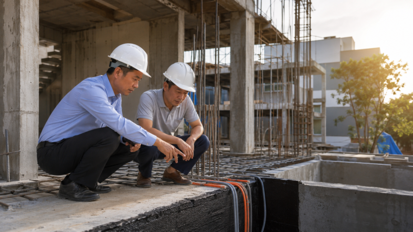 Kỹ sư và gia chủ kiểm tra kết cấu, chống thấm và đường điện nước tại công trường